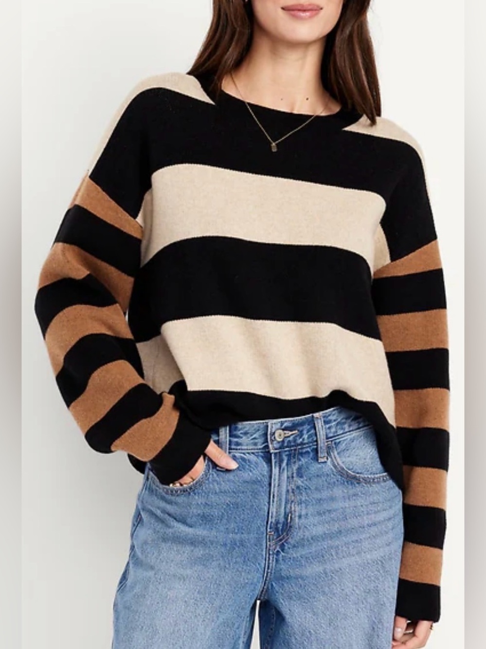 Old Navy SoSoft Loose Cropped Sweater, Brown Stripe, sz L Tall